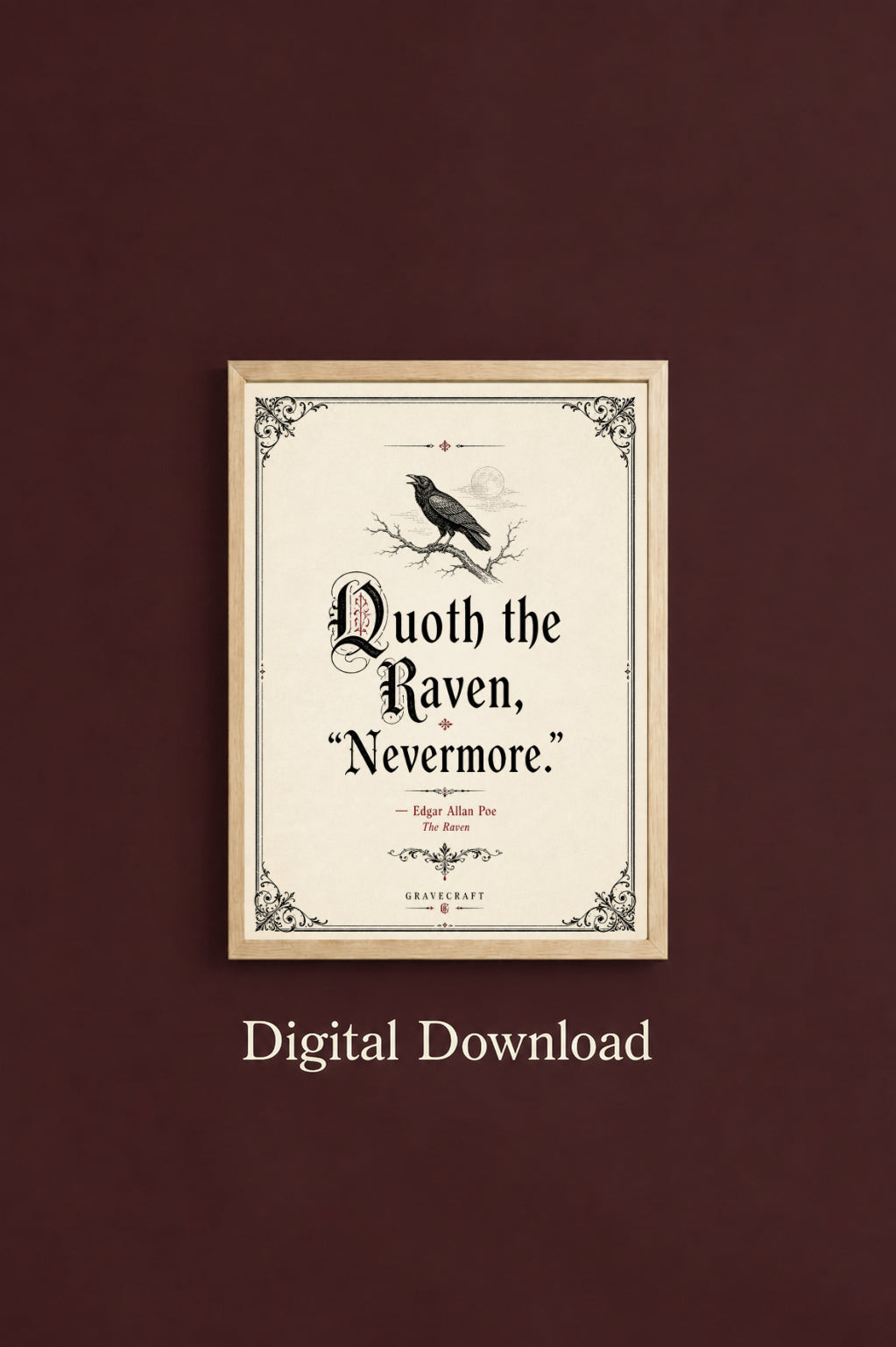 Framed print with a raven and text on a dark red background, labeled 'Digital Download'.