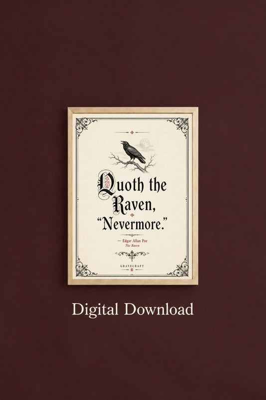 Framed print with a raven and text on a dark red background, labeled 'Digital Download'.