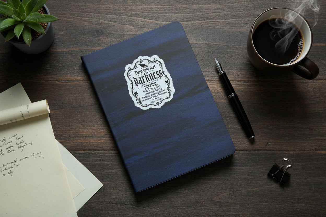 Blue notebook with a decorative label on a wooden desk with a cup of coffee and pen.