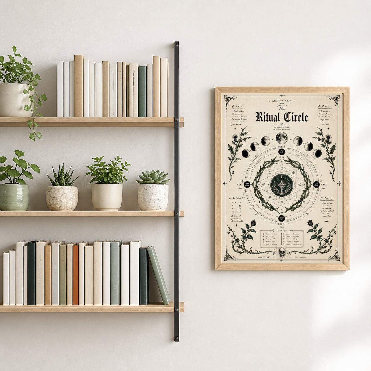 Shelving unit with books and plants next to a framed poster on a wall.