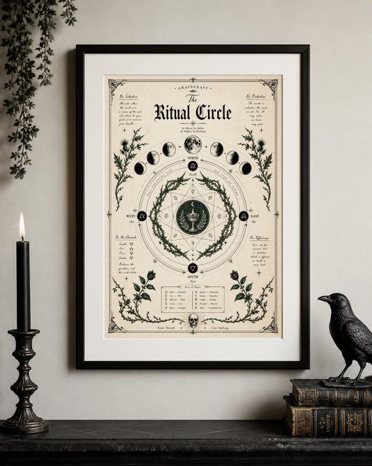 Framed print of 'The Ritual Circle' with decorative elements on a wall.