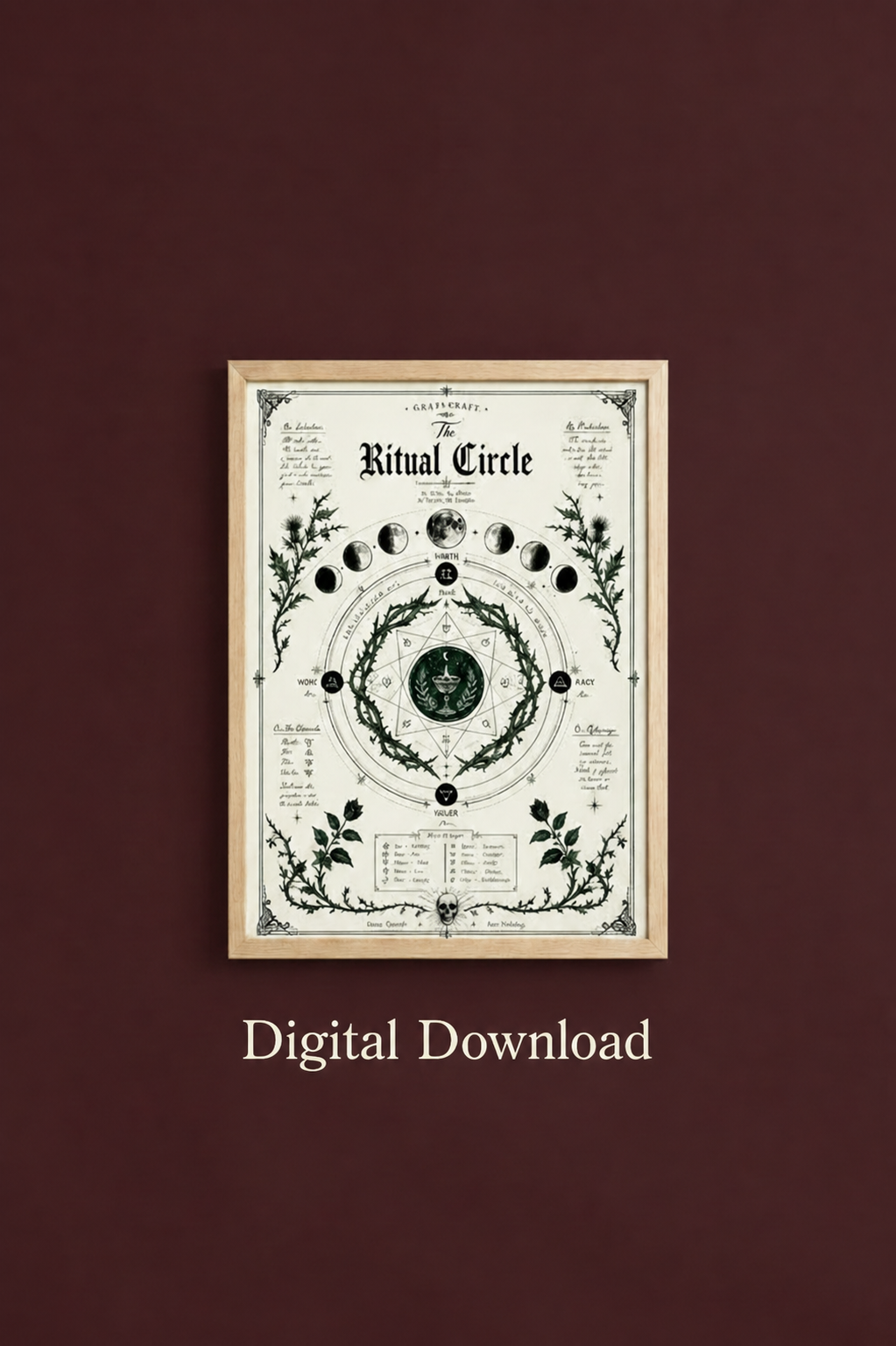 Framed artwork titled 'Ritual Circle' on a dark red background with 'Digital Download' text.