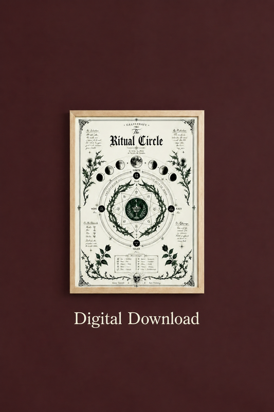Framed artwork titled 'Ritual Circle' on a dark red background with 'Digital Download' text.