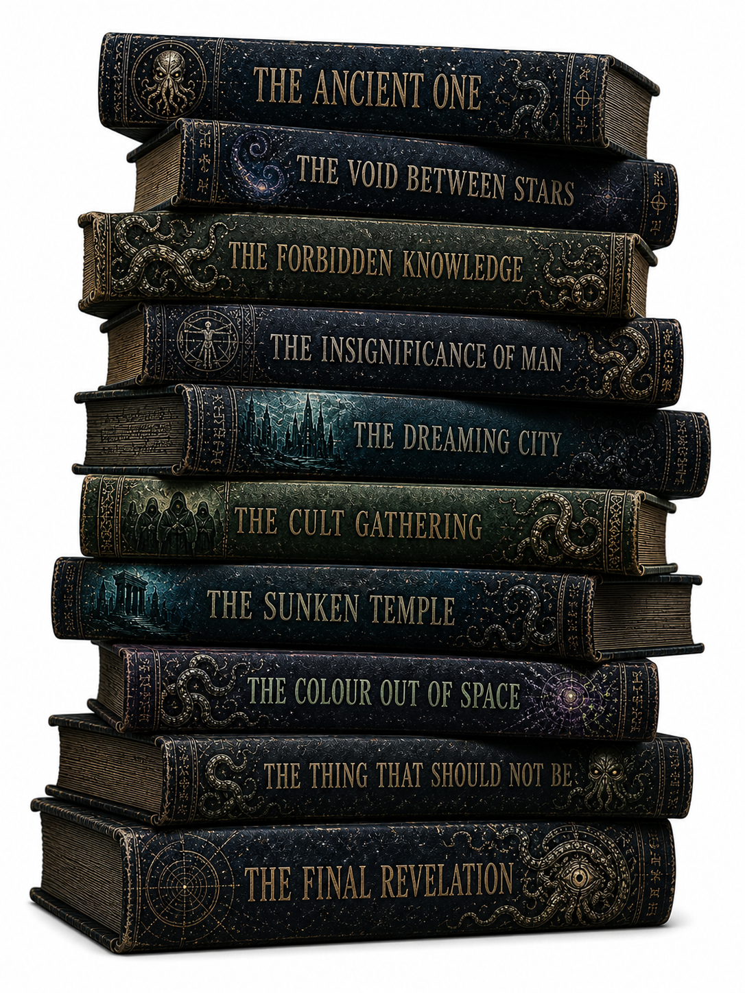 Stack of books with titles on a white background