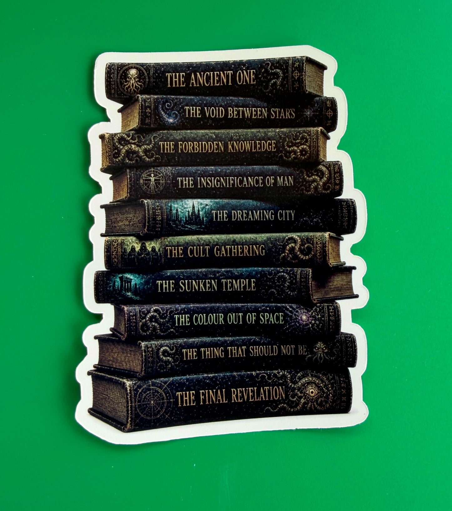 Stack of books with titles on a green background