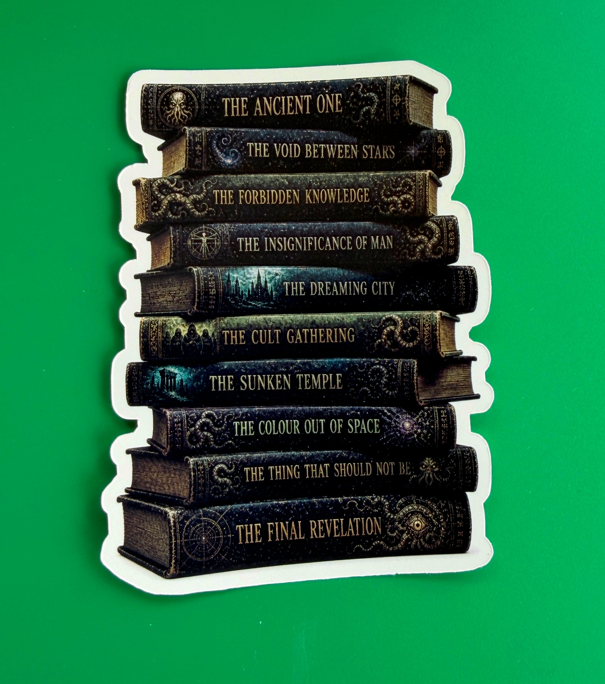 Stack of books with titles on a green background
