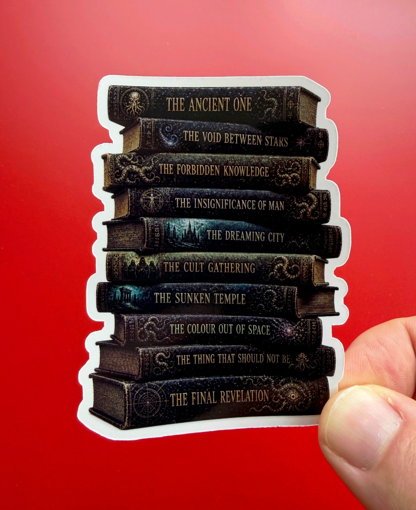 Stack of books with titles on a red background
