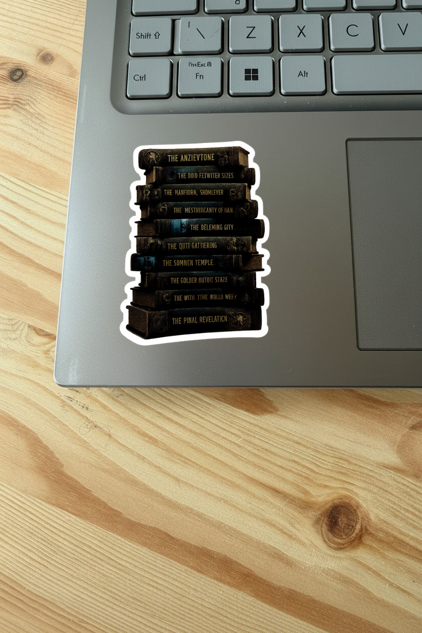 Stack of books sticker on a laptop keyboard