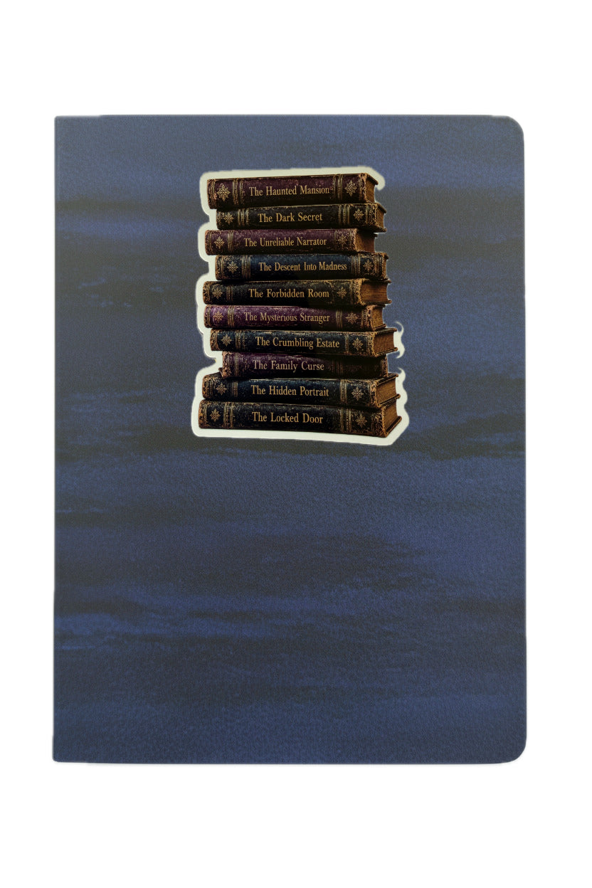 Stack of books with gold embossed text on a blue water background
