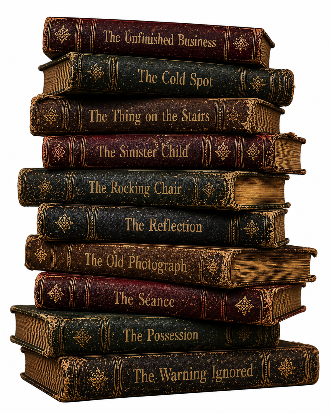 Stack of old, worn books with titles on a white background