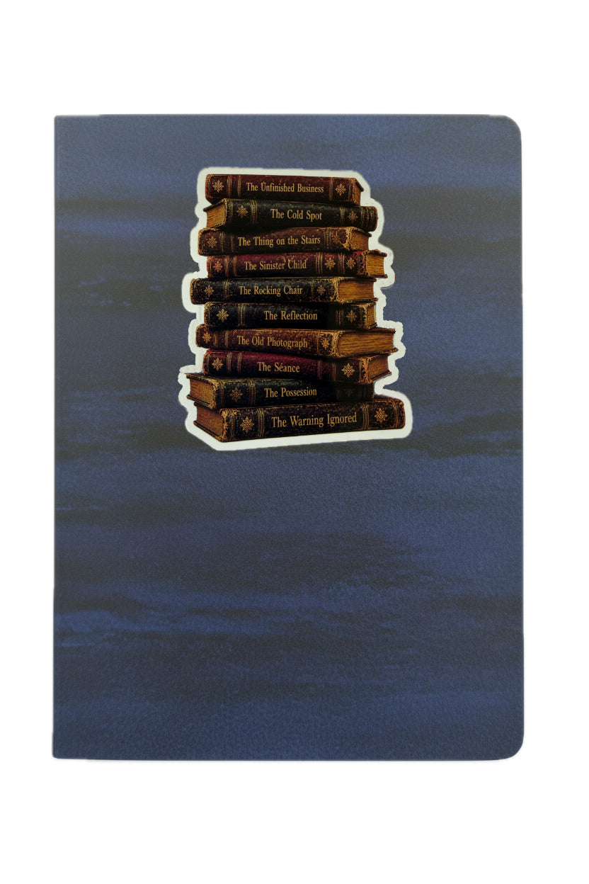 Stack of books with titles on a blue water background