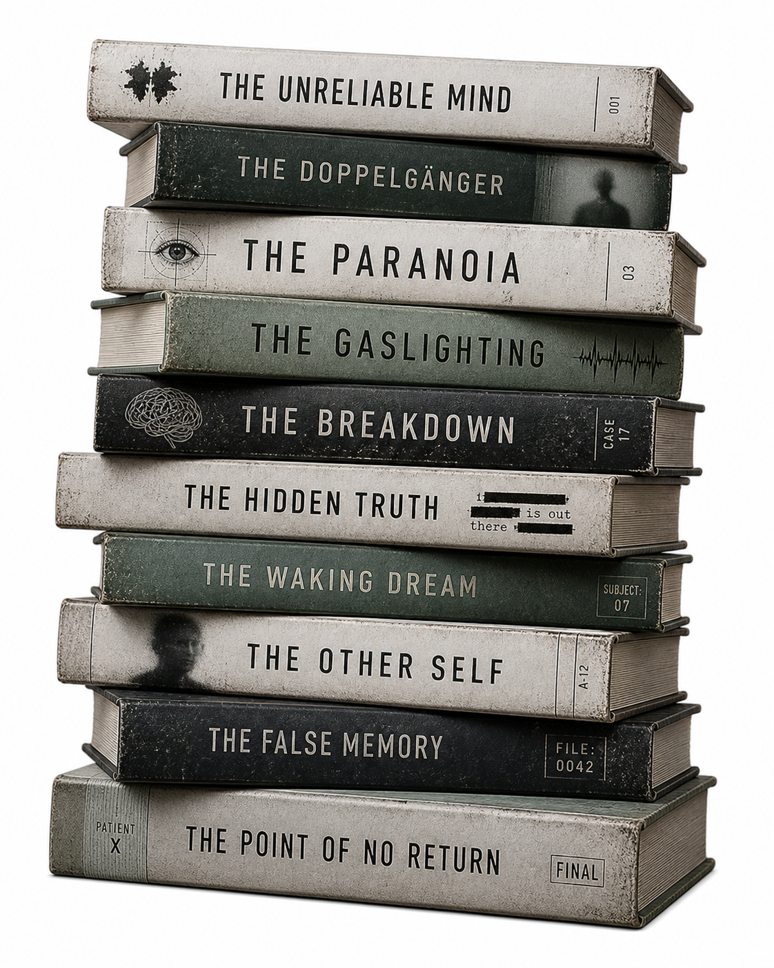 Stack of books with titles on a white background