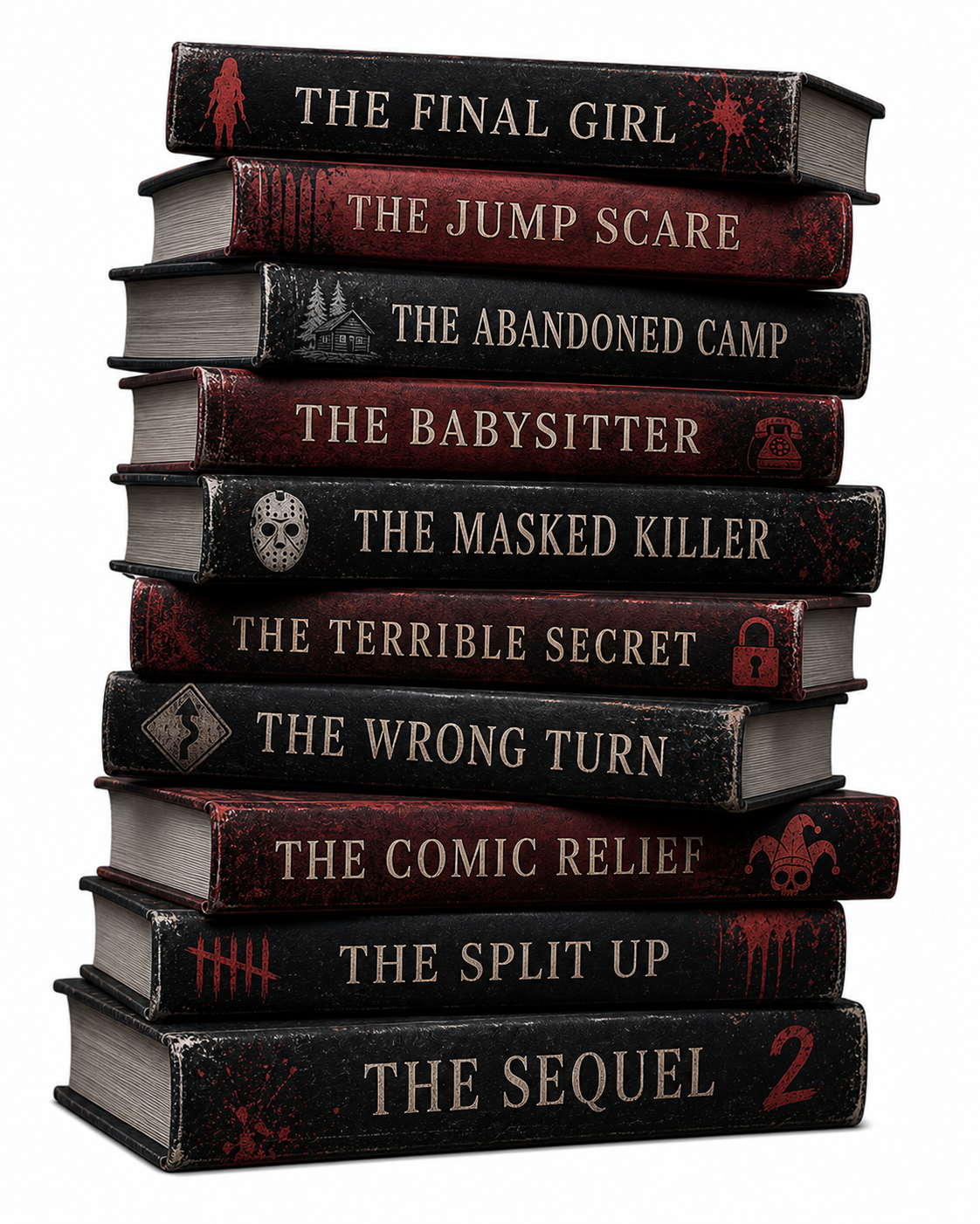 Stack of horror-themed books with titles on a white background