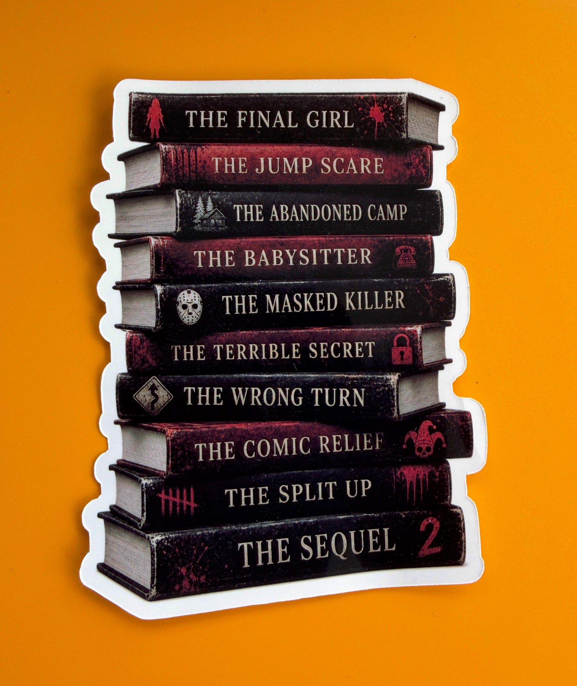 Stack of books with horror-themed titles on a yellow background