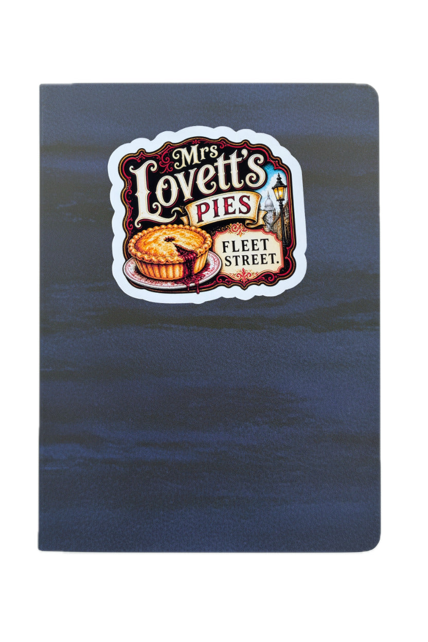 Notebook with Mrs. Lovett's Pies Fleet Street logo on a blue background