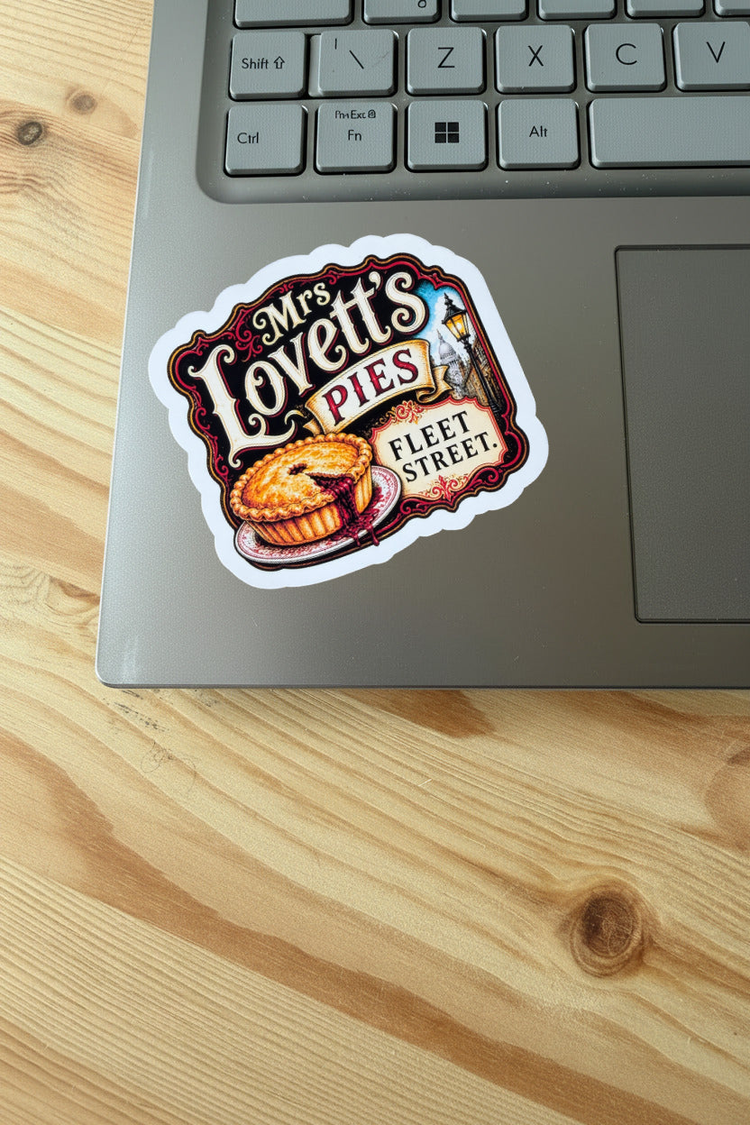 Mrs. Lovett's Pies Fleet Street logo on laptop