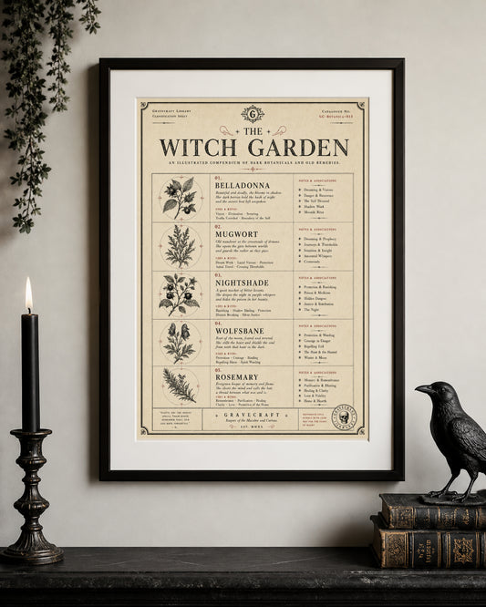 Witches Garden plants print in frame