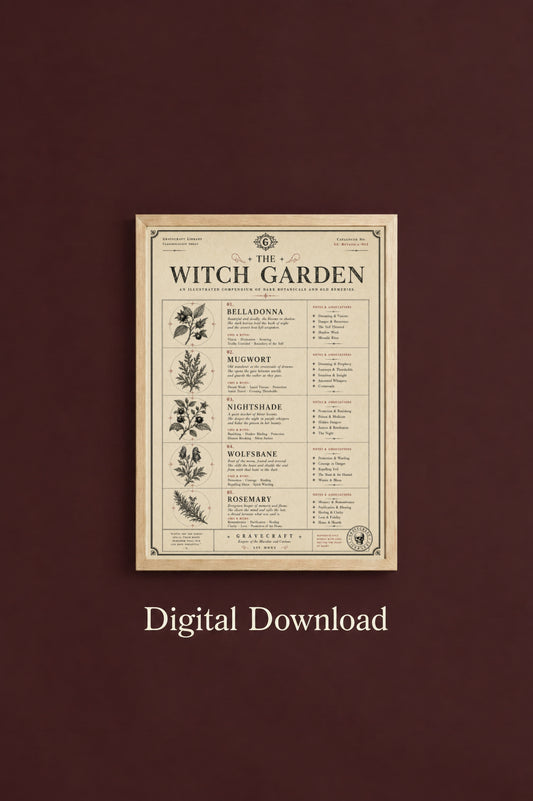 Framed poster titled 'The Witch Garden' on a brown background with 'Digital Download' text.