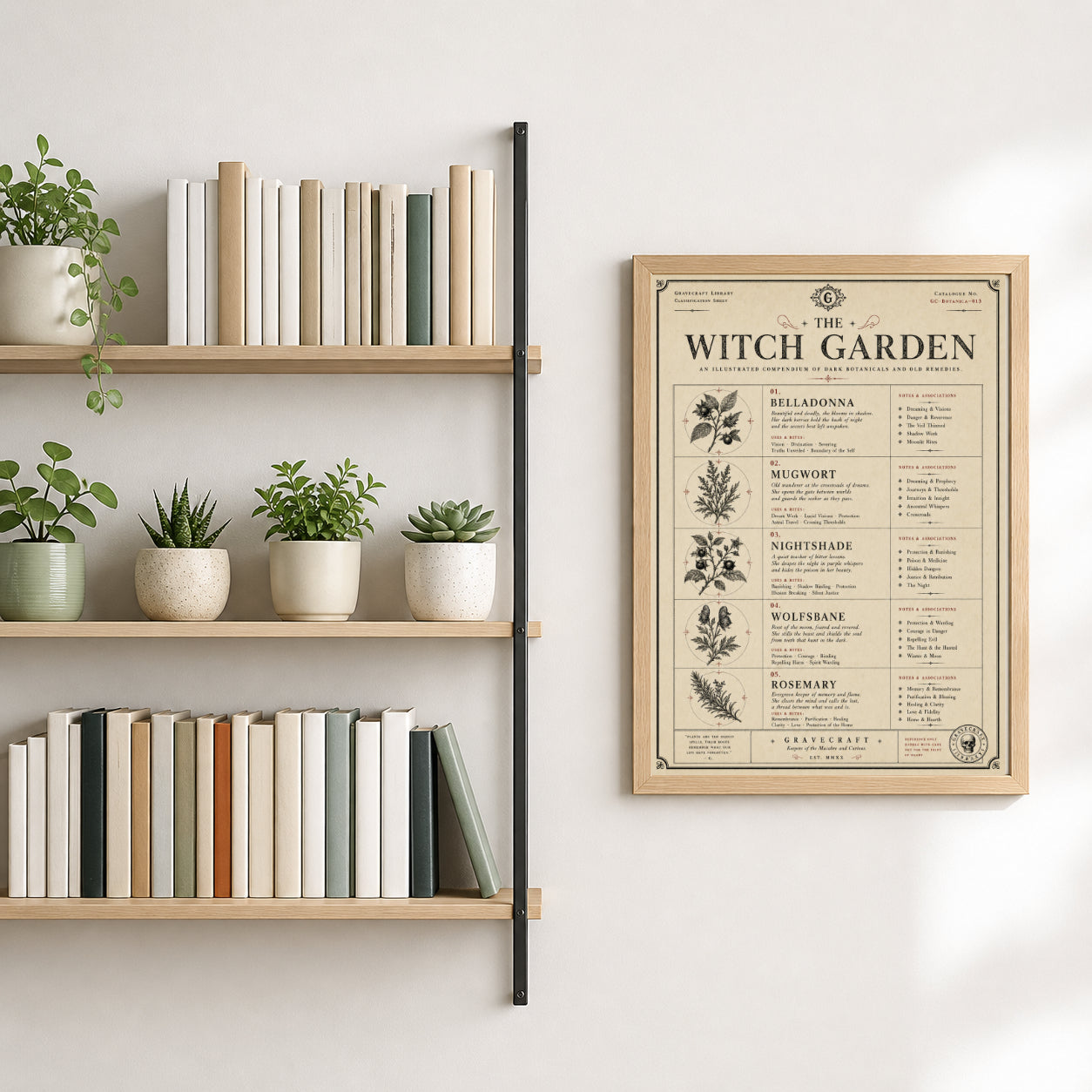 Shelves with books and plants next to a framed botanical poster on a wall.